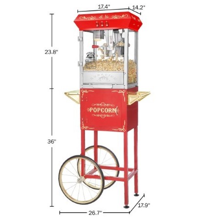 Superior Popcorn Co Carnival Popcorn Popper Machine With Cart-Makes Approx. 3 Gallons Per Batch-- (8 oz., Red) 554852NTY